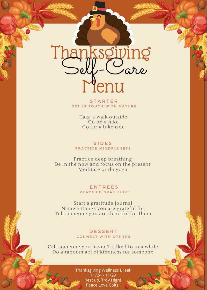 We hope everyone has a great Thanksgiving break! Reminder to practice self-care this wellness break 🧡 Check out our Thanksgiving Self-Care menu 🦃💛 Peace.Love.Colts.