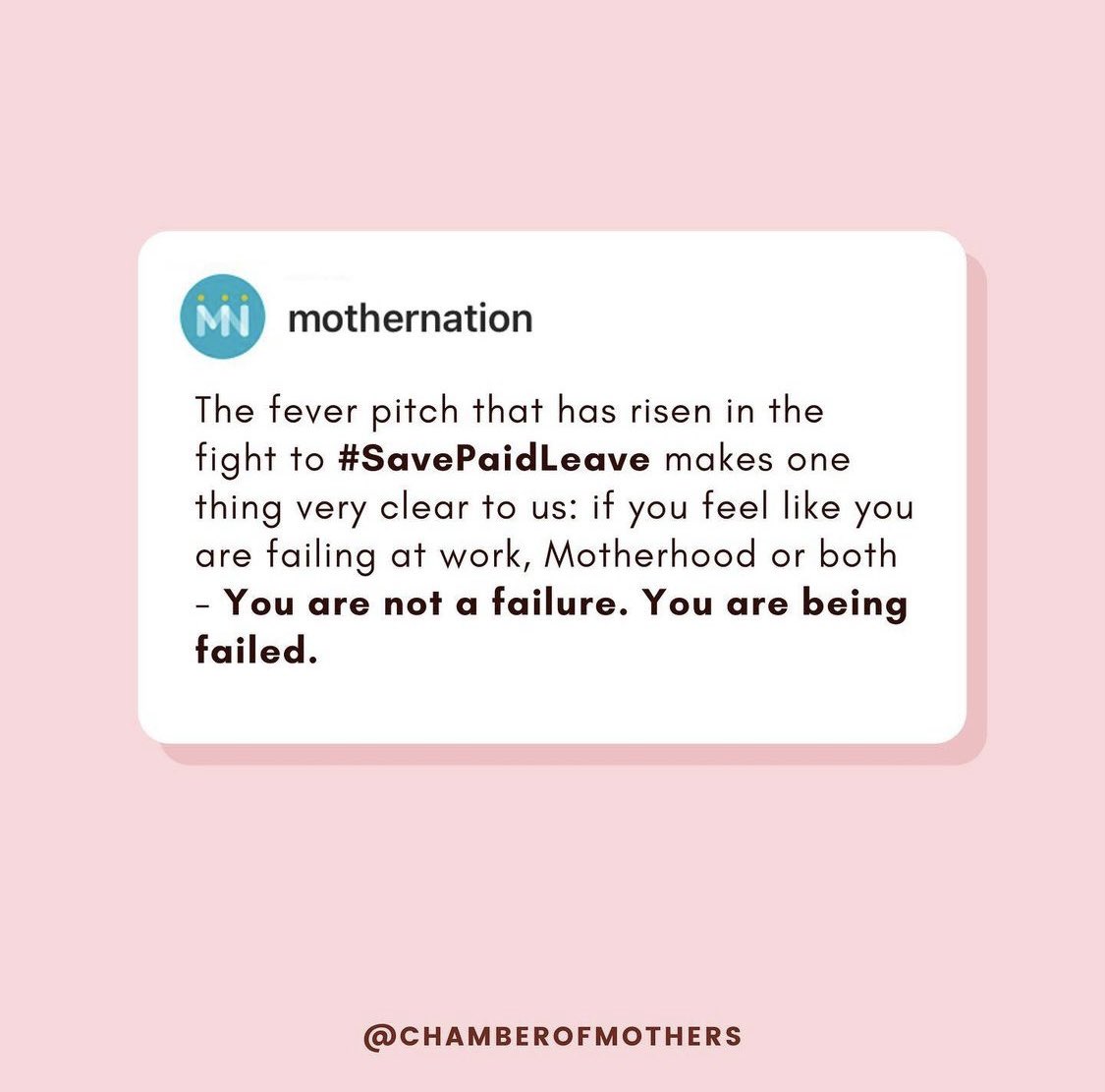 chamberofmoms's tweet photo. @MotherNation_ “You are not a failure. You are being failed.” #savepaidleave https://t.co/v43Wk7CLfc