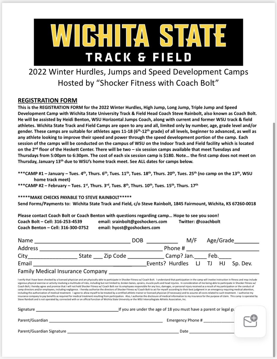 WSU is hosting two track camps! Information is below. If you want them emailed to you, please let me know!
