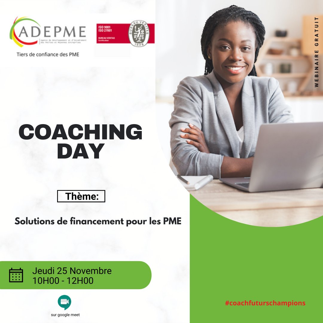 𝐂𝐨𝐚𝐜𝐡𝐢𝐧𝐠 𝐃𝐚𝐲 👨🏾‍💻📲 
| WEBINAIRE |

Participez à notre prochaine session de Coaching, le 𝟮𝟱 𝗻𝗼𝘃𝗲𝗺𝗯𝗿𝗲 𝗮̀ 𝗽𝗮𝗿𝘁𝗶𝗿 𝗱𝗲 𝟭𝟬𝗛 ⏰

Confirmez votre présence▶ bit.ly/30Ro6Ga
Lien de participatio ▶  meet.google.com/orj-hdbx-etj

#adepme #coachingday
