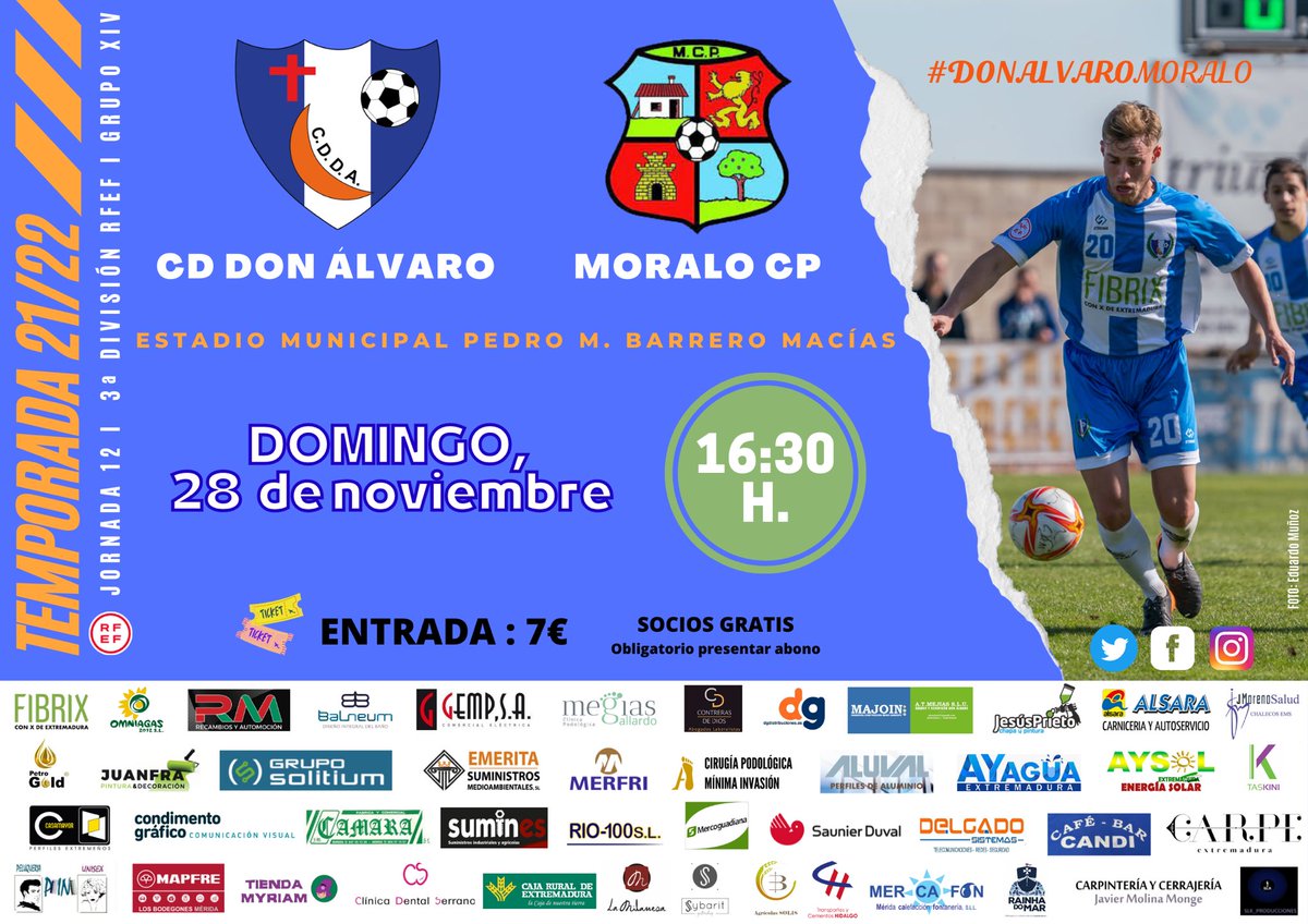 CD_DonAlvaro's tweet photo. 𝐉𝐨𝐫𝐧𝐚𝐝𝐚 𝟏2 | 𝟑ª𝐑𝐅𝐄𝐅 | 𝐆. 𝐗𝐈𝐕

🆚 @MORALO_CP 
📆 Domingo 28 de Nov
🕖 16:30h
🏟️ Estadio Mpal. Pedro M. Barrero
🌱 Césped artificial

#VAMOSAZULES
🔵⚪🔵 https://t.co/B1CWdQJTrs