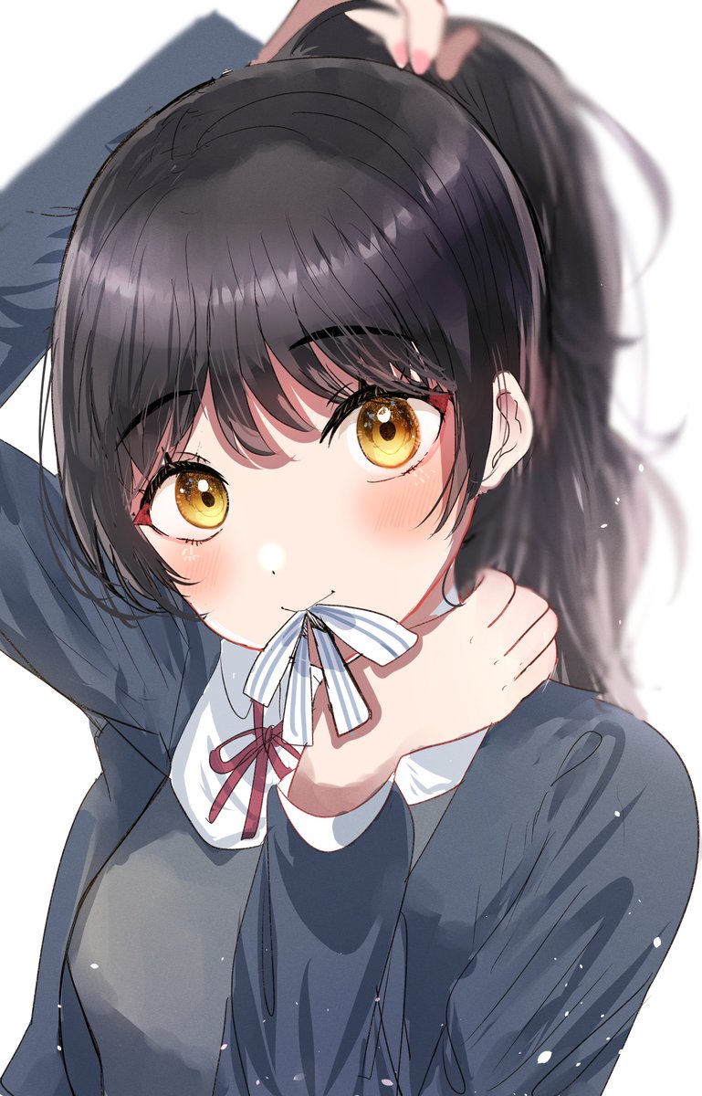 1girl solo black hair school uniform yellow eyes ribbon ponytail  illustration images