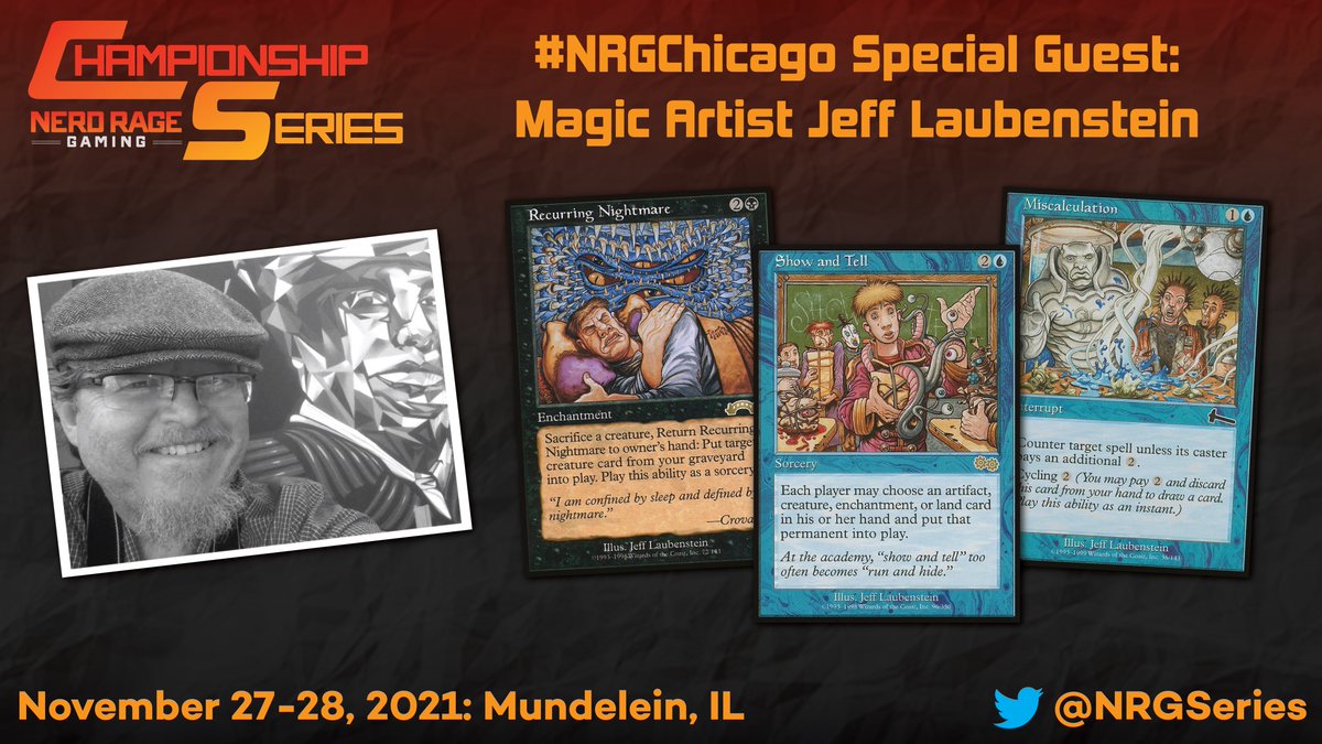 NRGSeries's tweet photo. We're thrilled to have @IllustratorJeff joining us this weekend at #NRGChicago! He's brought iconic Magic cards to life like Show and Tell and Recurring Nightmare and has illustrated for other CCGs and RPGs. He'll be signing your cards and selling art & accessories all weekend! https://t.co/hskERdJYHY