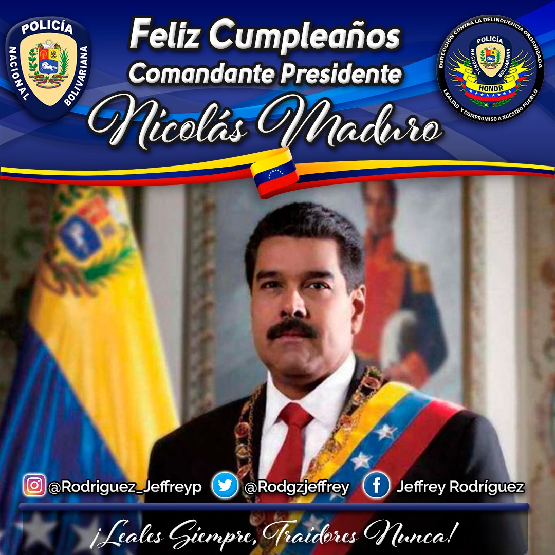 Celebramos el cumpleaños de nuestro Presidente, <a href="/Nicolasmaduro/">Nicolás Maduro</a> conductor de victorias!!!

Un policía en constante formación, tiene muy pocas probabilidades de equivocarse. 
<a href="/NicolasMaduro/">Nicolás Maduro</a> <a href="/dcabellor/">Diosdado Cabello R</a>
<a href="/MiguelDFAES/">Miguel Domínguez</a>
 @unescpnb
 <a href="/VTVcanal8/">VTV CANAL 8</a> <a href="/mazo4f/">Con el Mazo Dando</a> <a href="/FreddyBernal/">Freddy Bernal</a> <a href="/ElioEstrada18/">MG. Elio Estrada Paredes</a>