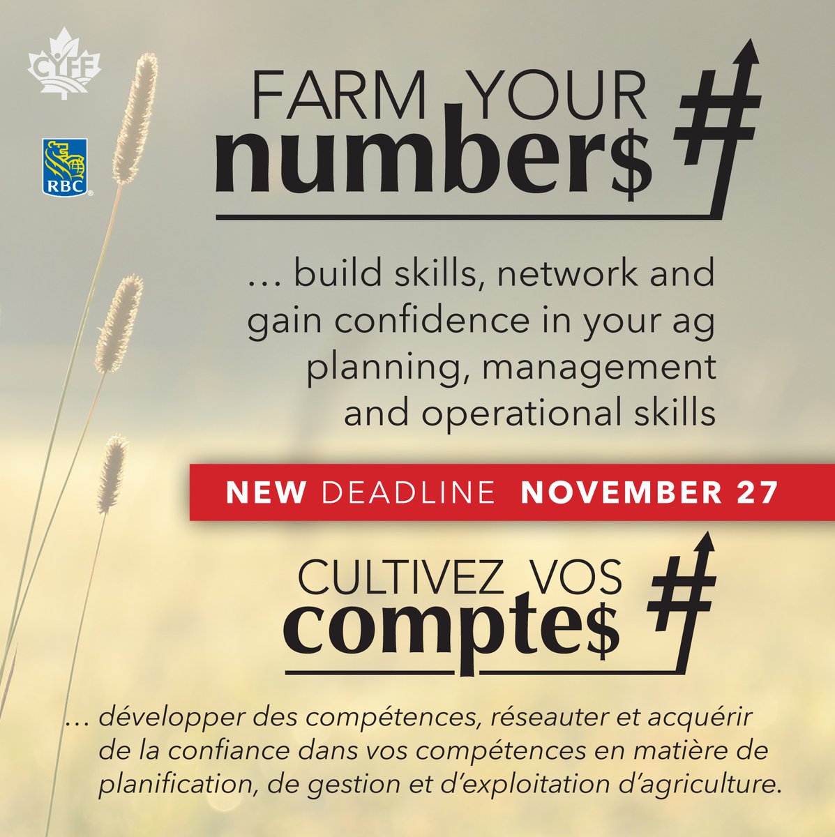 CYFF's tweet photo. There’s still time to enter for your chance to win a spot in #CYFF’s #FarmYourNumbers program designed to help you build skills, network and gain confidence in your #ag planning, management and operational skills.
https://t.co/ycHZ3LyyIE
@RBC #youngfarmers #CdnAg https://t.co/9B9bfk8Xl6