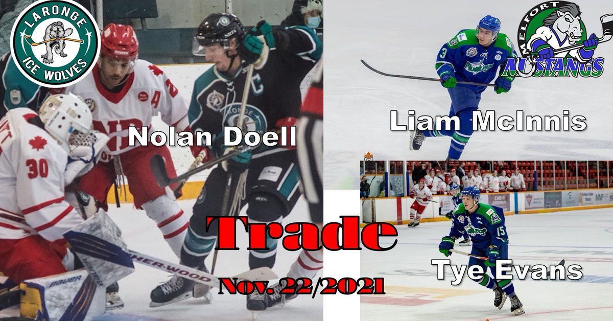 SJHL_IceWolves's tweet photo. The La Ronge Ice Wolves have traded Nolan Doell to @SJHL_Mustangs  for 03 Defenseman Liam McInnis, 03 Forward Tye Evans and a PDF. 
The Ice Wolves would like to thank Nolan and his family for everything in the last three years. All the best in the future, Nolan!!
#Icewolveshockey https://t.co/YuCZ0dfENn