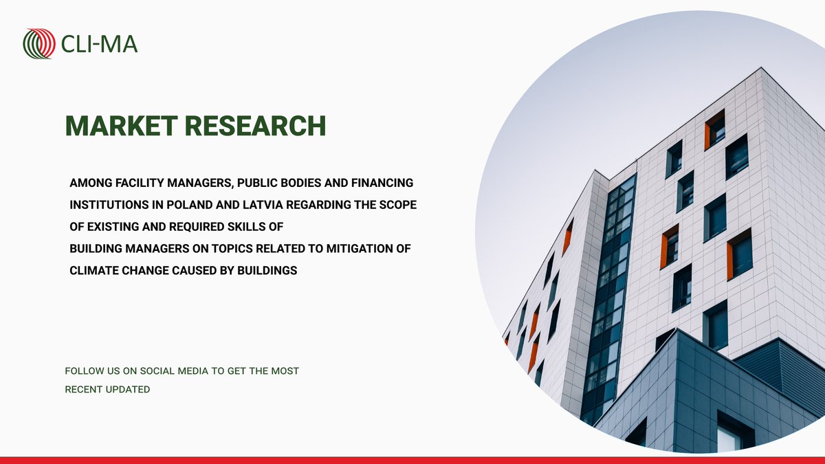 <a href="/clima_euki/">CLI-MA</a> is working on increasing the skills of #buildingmanagers in #Latvia and #Poland, where a #MarketResearchanalysis was conducted to assess the status quo and identify the needs of professional #housingmanagement.
<a href="/FPE_pl/">Fundacja Poszanowania Energii</a> <a href="/RTU_LV/">RTU</a> 
Link:
cli-ma.eu/en/one-year-in…