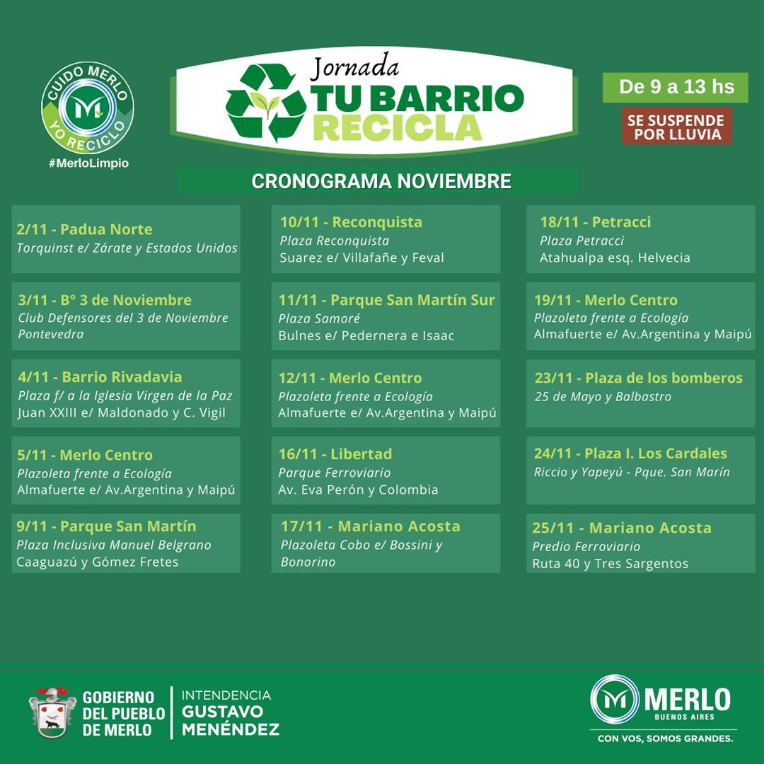 MerloGob's tweet photo. ✅ Desde el programa “#MerloLimpio” de la Secretaría de Delegaciones de #Merlo, llegan las jornadas “Tu Barrio Recicla”.
✅ Participá llevando tus reciclables separados, limpios y secos e intercambialos por un plantín o una bolsa de tierra fértil.
ℹ️ https://t.co/PySL68MZSe https://t.co/kbL0g7naCa