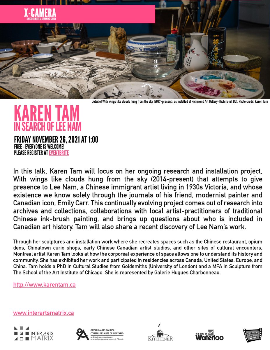 This Friday is our second last X-Camera talk of the season and you won't want to miss it! Join us at 1PM to hear all about Karen Tam's ongoing research on Chinese Canadian artist, Lee Nam. 

Register here: eventbrite.com/e/x-camera-pre…