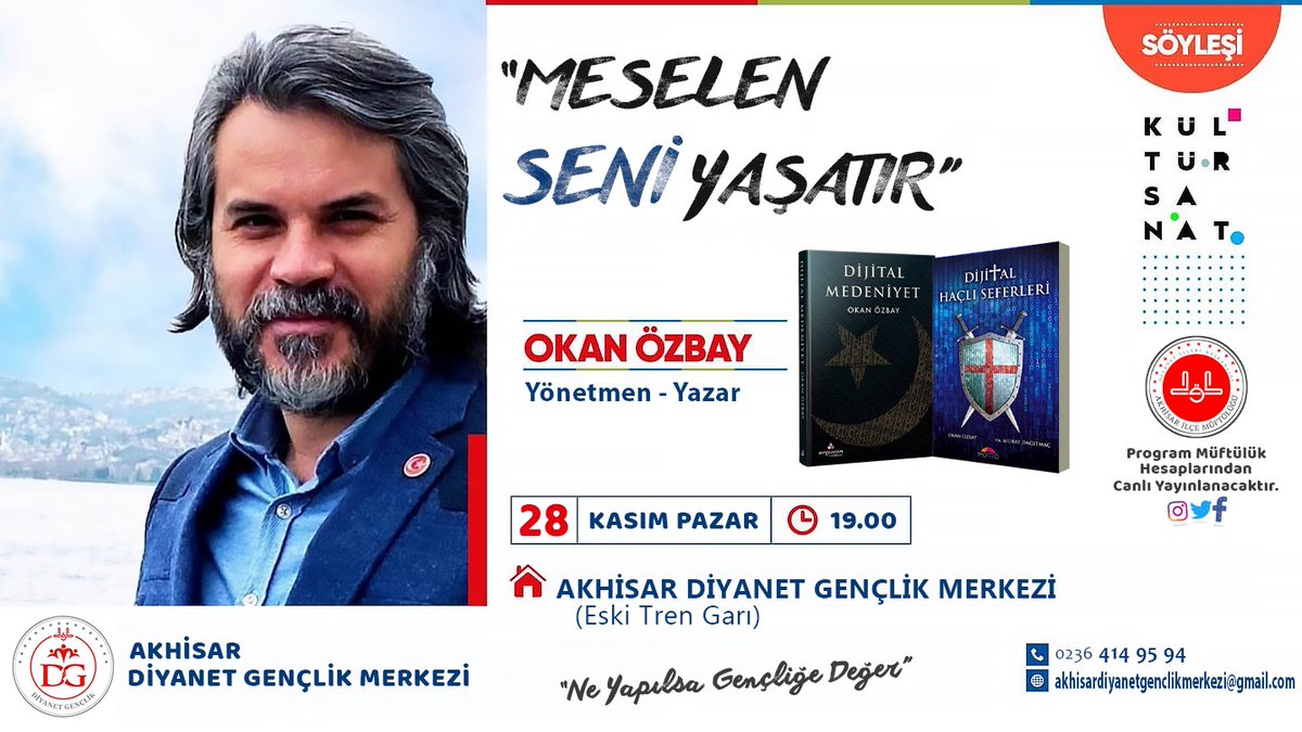 MLYELKOVAN's tweet photo. "Meselen Seni Yaşatır"
Gençlerimizi bu eşsiz söyleşiye bekliyoruz.

Okan ÖZBAY - Yazar Yönetmen

📅28.11.2021 ⏱️19.00
📍Akhisar Diyanet Gençlik Merkezi
 @muftusami @soykok_mustafa @diyanethbr @GenclikAkhisar @ManisaMftlg @muhammetsena @Knzby @mehmetzeyd  @muftulukakhisar https://t.co/Lbrp7th2OL