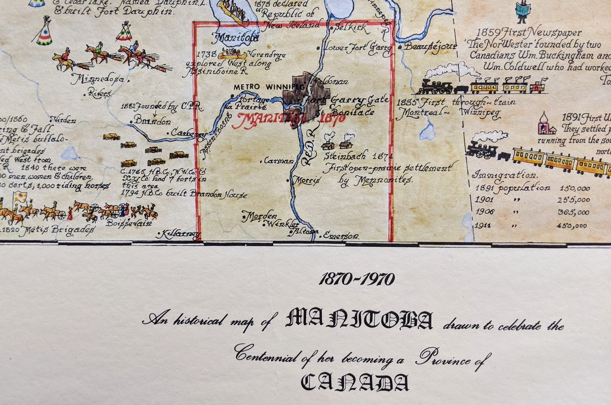 TheBGMA's tweet photo. Our @Manitoba150 exhibit, Manitoba 1870, has come to a close. Thank you for all the support and shoutout to our province for 151 years! 🎉
This image is from a map reproduced during our last big anniversary with the Manitoba Post Stamp province highlighted.
#bdnmb #mb150 https://t.co/CtJgz9ybaV