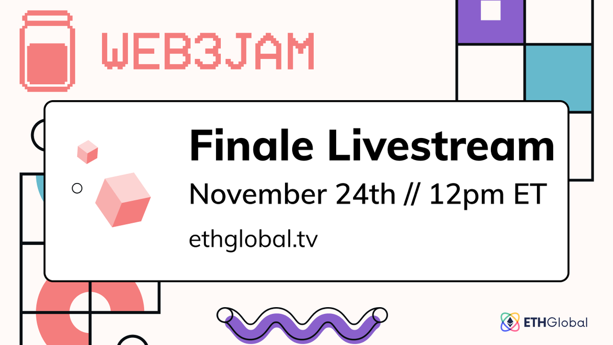 ETHGlobal's tweet image. The projects submitted at #Web3Jam surpassed our wildest expectations...

Join us for the Web3 Jam Finale—tomorrow at 12pm ET. Celebrate our finalists and get a glimpse of the next generation of projects to enter our ecosystem

👇

Streaming on the new ethglobal.tv