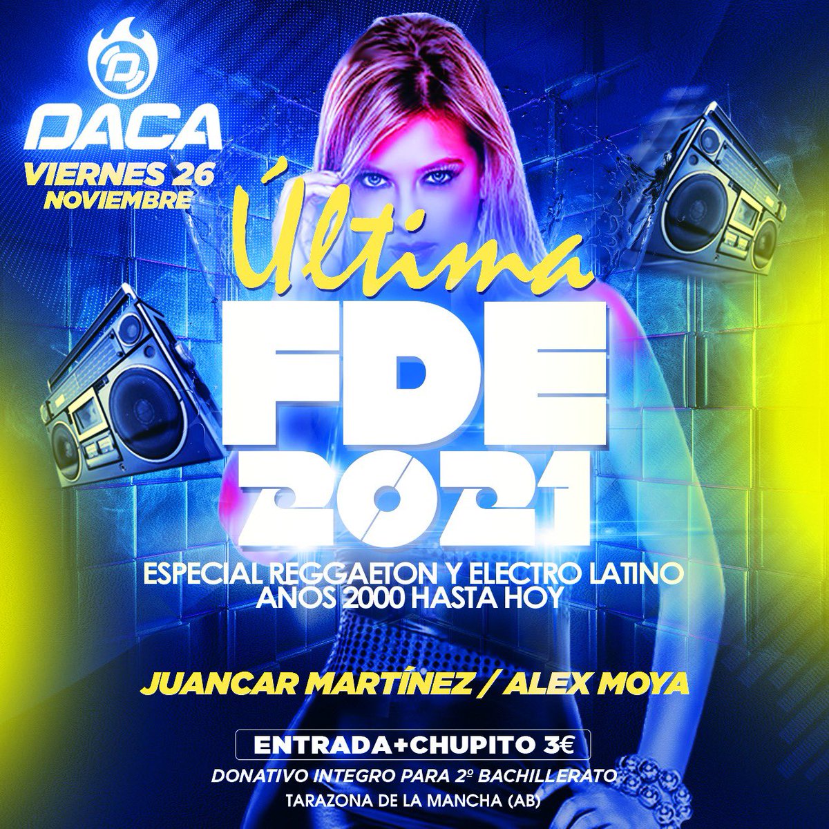 Última FDE del año!!
Especial reggaeton y electro latino🤩
Entrada 3€ + chupito 
Aforo limitado 
Dni físico 
Prohibida la entrada a menores de 16
SORTEO ENTRADA  darle ❤️ y rt