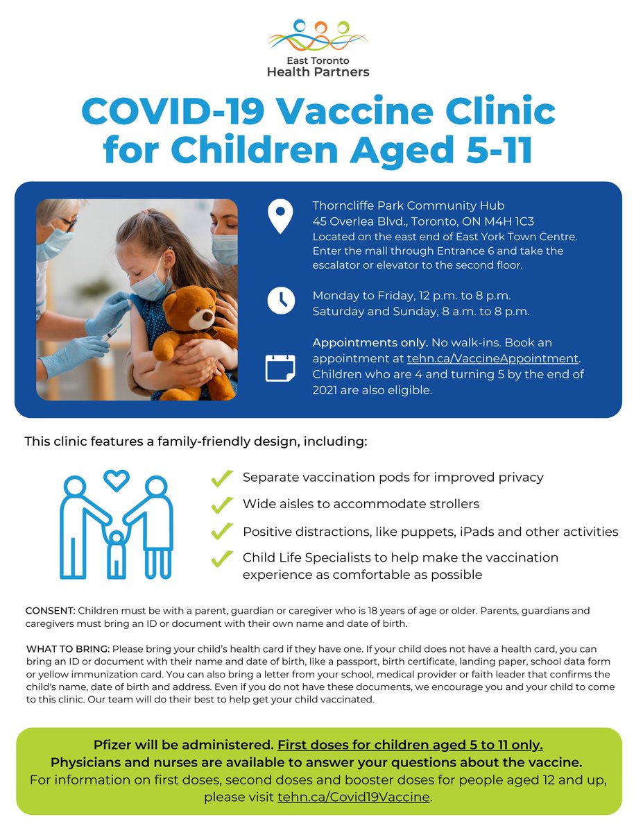 MGHToronto's tweet photo. You can book a 1st dose appointment for children aged 5-11 at our Thorncliffe Park clinic. It features a family-friendly design, including:

✓ Separate pods for privacy
✓ Positive distractions like puppets + iPads
✓ Child Life Specialists

Book now: https://t.co/MxPyOgaapH 2/8 https://t.co/L7W2KrJKPu