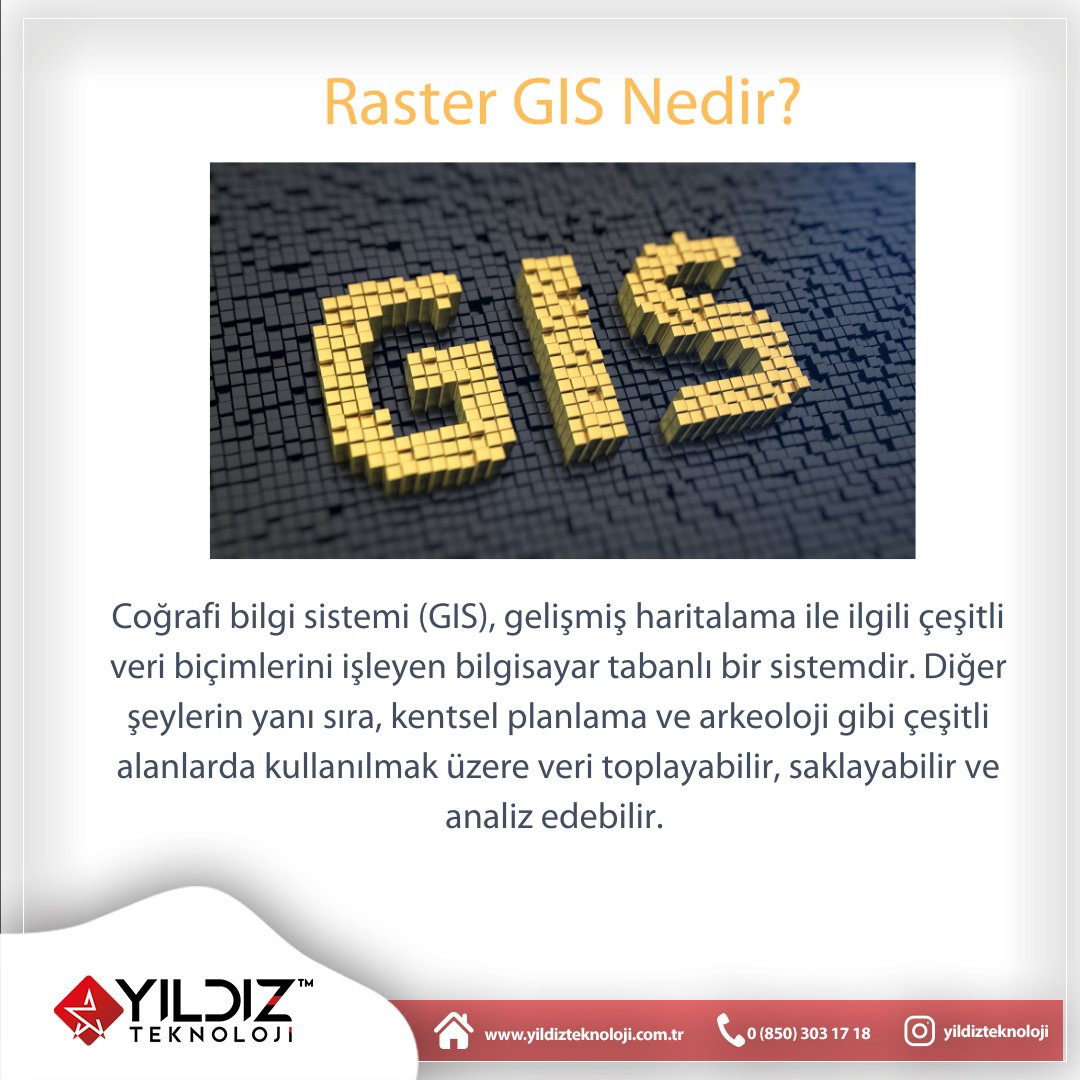 Coğrafi bilgi sistemi (GIS), gelişmiş haritalama ile ilgili çeşitli veri biçimlerini işleyen bilgisayar tabanlı bir sistemdir. #yildizteknoloji #teknoloji #rastergis #haritalama #veri