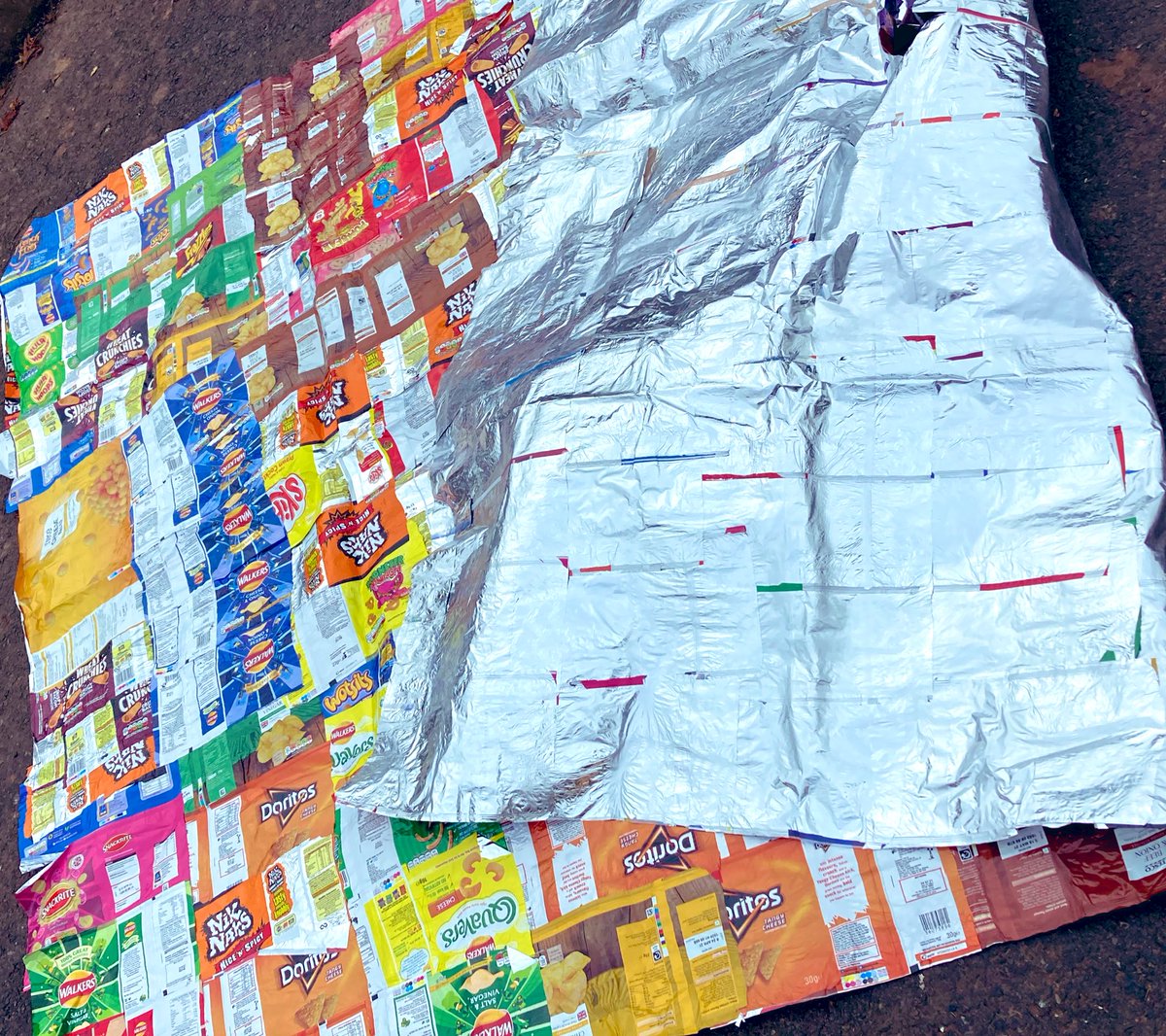 Crisp packets ready to be made into foil blankets for the homeless this winter.This is a pre made one by Mrs Stobbart so you can see what your donations will become.Fab work Ellowes!We’re proud of everyone who donated! <a href="/elloweskinver/">Ellowes Hall Kinver House</a> <a href="/ellowesenville/">@EllowesEnville</a> <a href="/ellowesclent/">@EllowesClent</a> @EllowesHimley