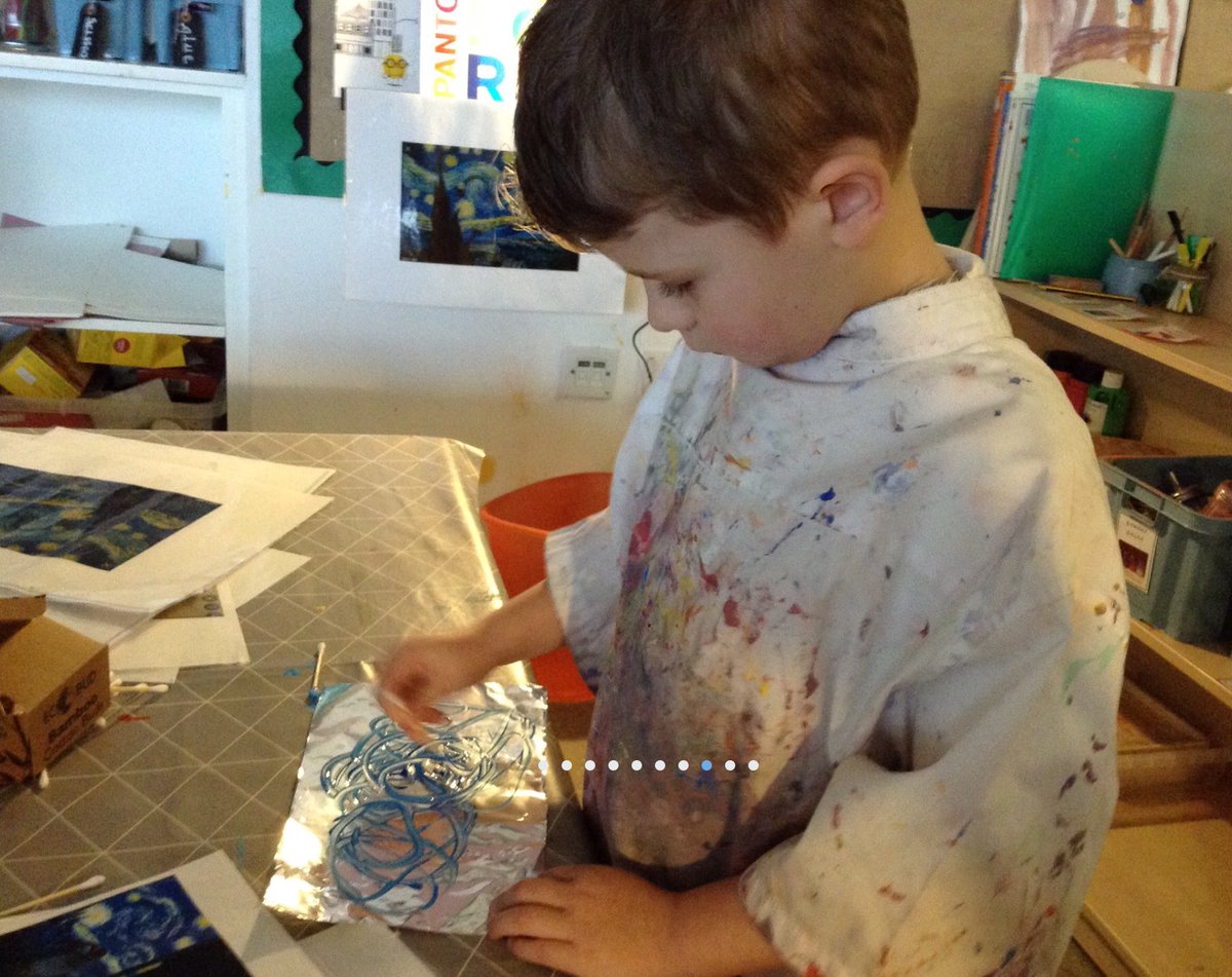 SVPEYFS's tweet photo. Continuing our week of Van Gogh by exploring making spiral, swirling patterns usin paint on tin foil. These have then been printed into our sketch books for transforming into the night sky tomorrow #EYFS #enablingenvironments #artelier #provocationsforlearning https://t.co/VdeTyl3EZW