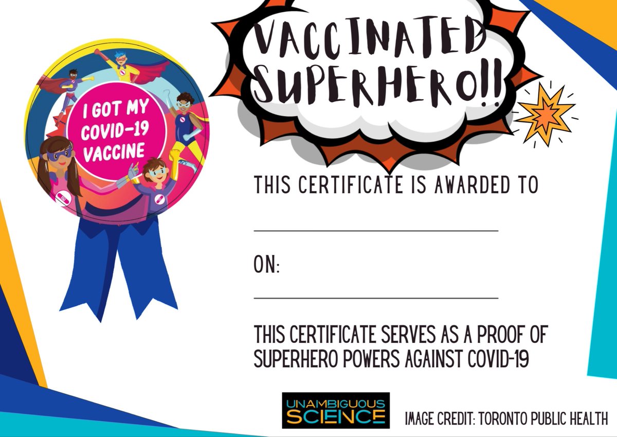 Sabina Vohra-Miller (@sabivm) on Twitter photo Made an award certificate for the little superheroes going to get their Covid-19 vaccine! Feel free to print & fill out! Will be on my website shortly: unambiguous-science.com
Credit to <a href="/evebmd/">Eve Bloomgarden MD 🟦 🟧🎗️</a> & <a href="/IMPACT4HC/">IMPACT4HC</a> for the idea + <a href="/TOPublicHealth/">Toronto Public Health</a> & <a href="/joe_cressy/">Joe Cressy</a> for the cute image sticker! Made an award certificate for the little superheroes going to get their Covid-19 vaccine! Feel free to print & fill out! Will be on my website shortly: unambiguous-science.com
Credit to <a href="/evebmd/">Eve Bloomgarden MD 🟦 🟧🎗️</a> & <a href="/IMPACT4HC/">IMPACT4HC</a> for the idea + <a href="/TOPublicHealth/">Toronto Public Health</a> & <a href="/joe_cressy/">Joe Cressy</a> for the cute image sticker!
