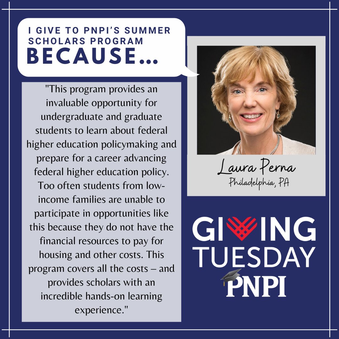 ThePNPI's tweet photo. #GivingTuesday is next week on November 30th! PNPI has asked our donors why they choose to contribute to the Summer Scholar Program.
Let's hear from Laura Perna and her #IGiveBecause reason! https://t.co/GUplytyUXB