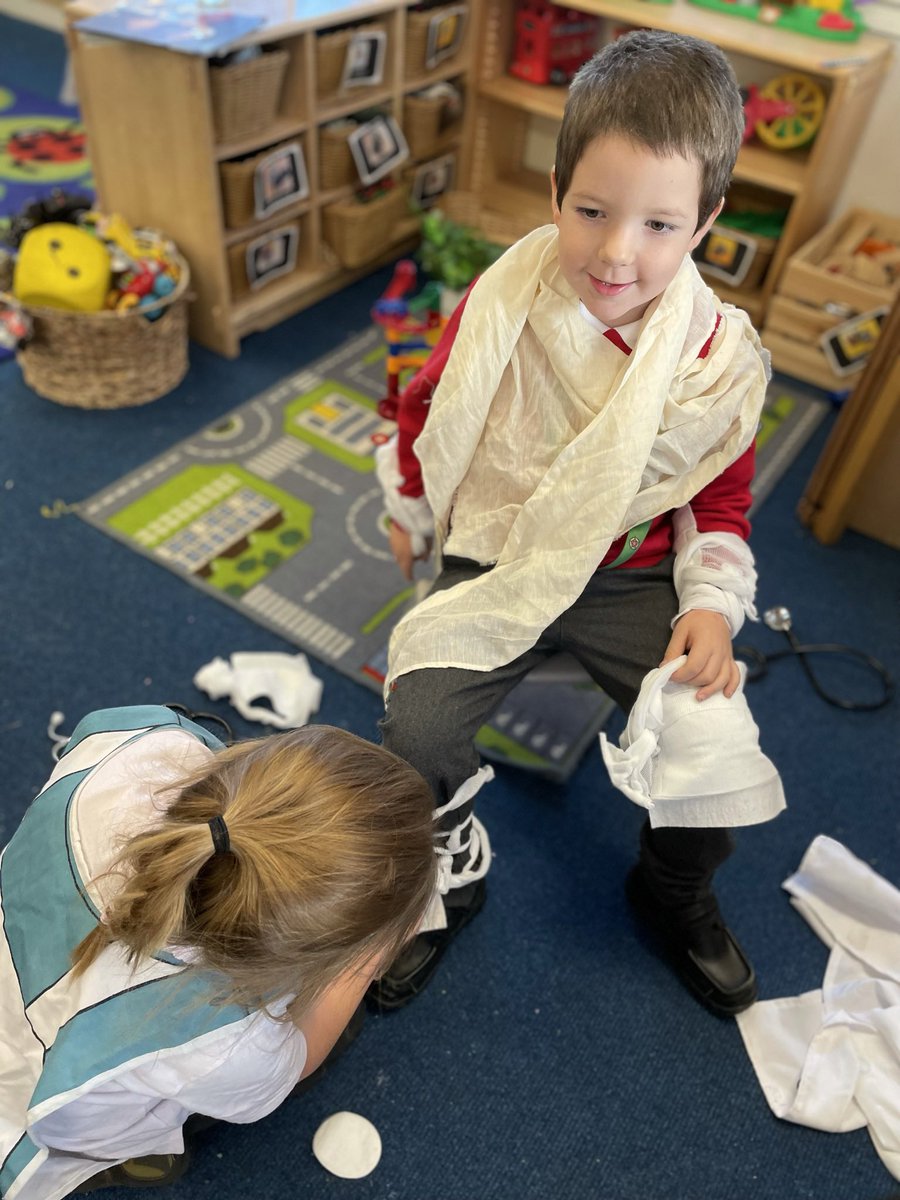 This week and last our role play has been hospitals for both people and toys! Lots of exploring roles and jobs. Reading non-fiction books to help us learn about our bodies. #eyfs #continuousprovision #doctors #doctorsinthemaking #toyhospital