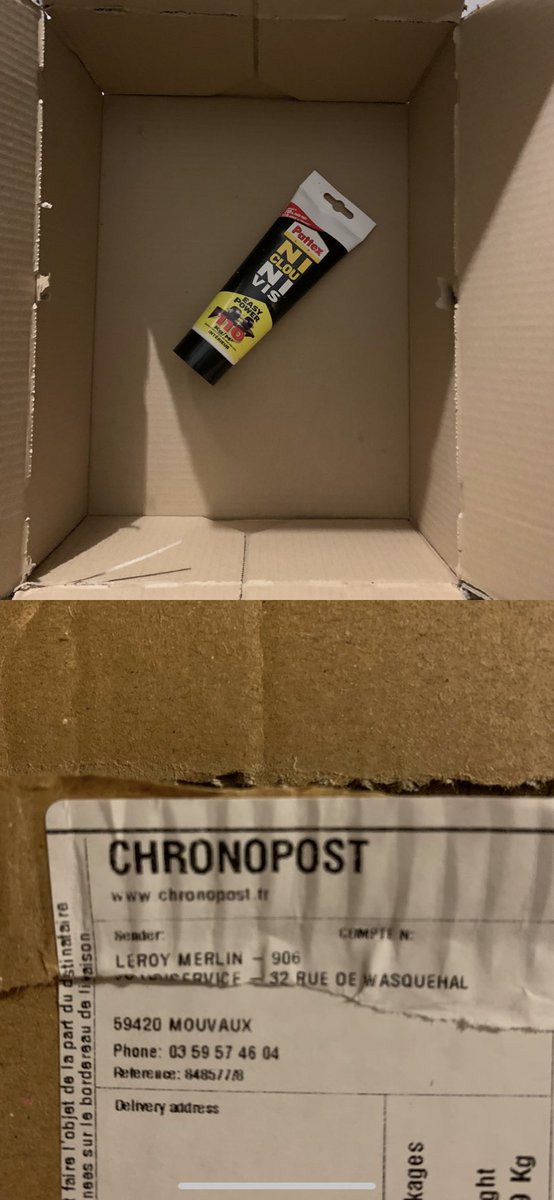 MChayrigues's tweet photo. Envoyer une boîte de 40x30cm pour livrer une simple tube de colle… @leroymerlinfr ça ne va pas être trop difficile pour vous d’am��liorer votre bilan carbone. Quel dommage d’en être encore là ! 😳🥲 https://t.co/VRId4O6zdd