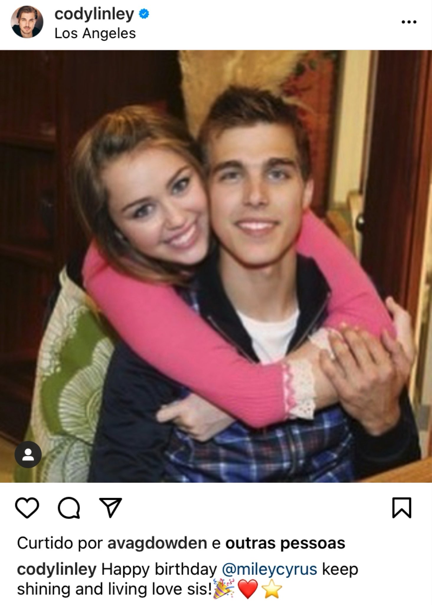 Cody Linley just wished a Happy Birthday to Miley on Instagram Keep shining and living love sis  