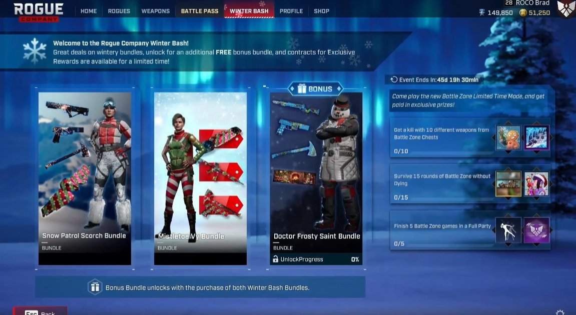 Rogue Company News And Leaks Winter Bash Event If You Buy The First 2 Bundles You Get The 3rd Dr Frosty Bundle For Free There Will Be Free Rewards Too