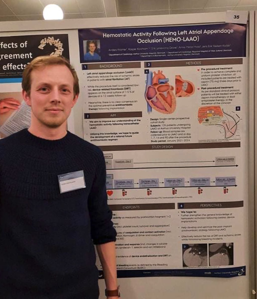Anders_K_H's tweet photo. Strong representation from the #structuralheart team at the 4th annual research meeting of the Department of Clinical Medicine! Proud to present the protocol for our prospective investigation of HEMOstatic changes following Left Atrial Appendage Occlusion (HEMO-LAAO) @AUHCardio https://t.co/QAx8vroAib