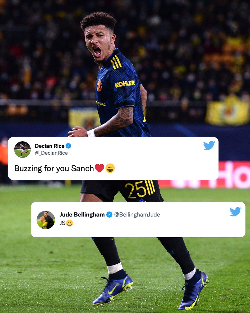 ESPNUK's tweet photo. ✅ First goal for Manchester United
✅ Advance to the Champions League Round of 16

Sancho's got his support behind him ❤️ https://t.co/pZJbY5hMLY