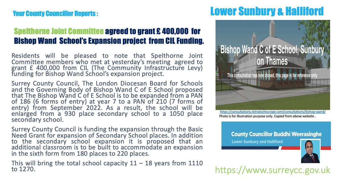 Residents will be pleased to note that Spelthorne Joint Committee members who met at yesterday’s meeting  agreed to grant £ 400,000 from CIL (The Community Infrastructure Levy) funding for Bishop Wand School’s expansion project. 
<a href="/SpelthorneBC/">Spelthorne Council</a>  <a href="/SurreyNews/">Surrey County Council News</a>  <a href="/GetSurrey/">Get Surrey</a>