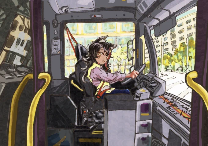 ご機嫌に鼻歌を歌ったりあたふたしながら運転する後ろ姿が可愛かった 
タダで安全運転を志してくれるそうなのでこれからも安心して大神バスを使えそう!
#みおーん絵 #みおかわいい 