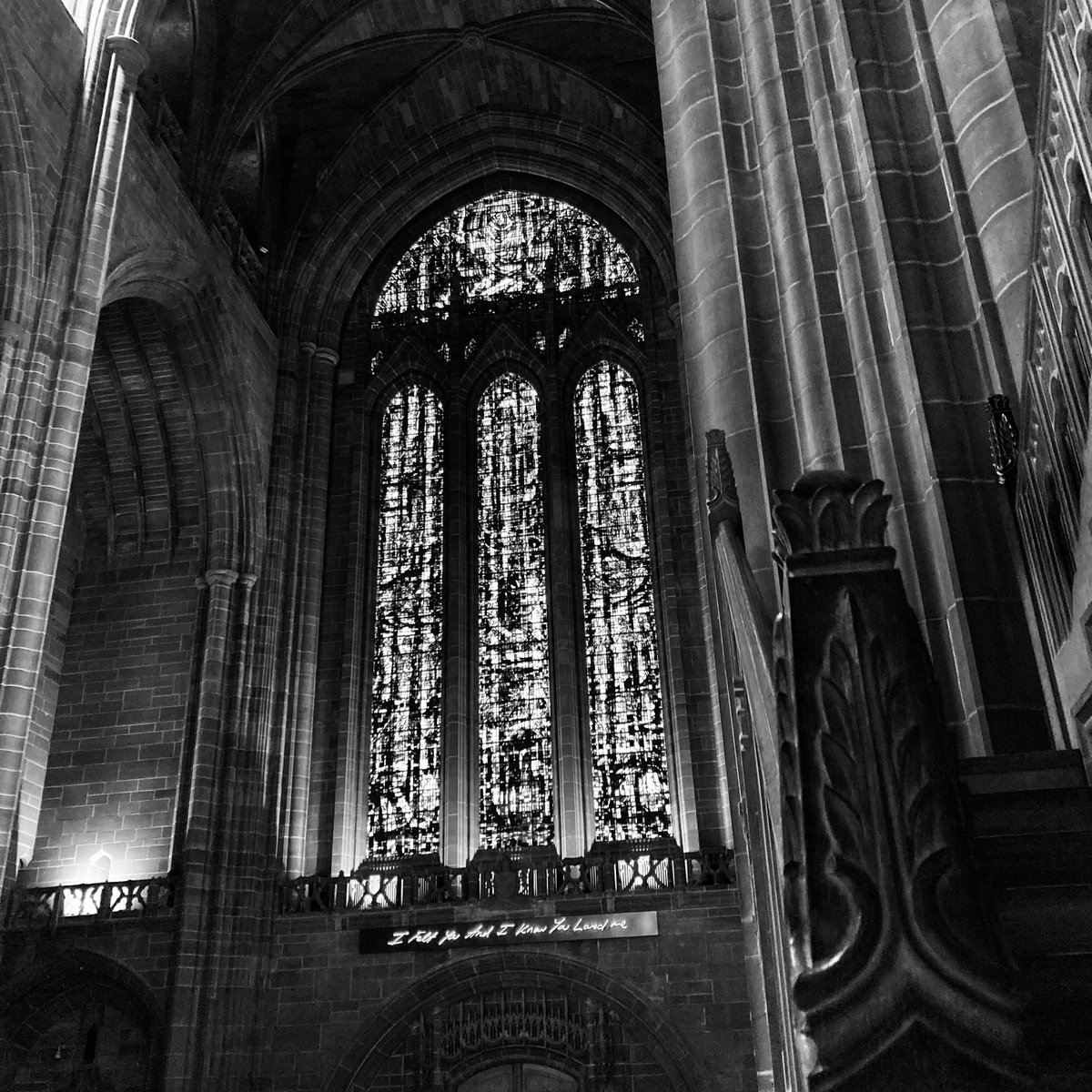 The West window of Liverpool Anglican Cathedral from below the Dulverton Bridge... #photography #photo #bnwphotography #blackandwhitephotography #monochromephotography #Monochrome #squareformat #light #shadows #liverpoolcathedral #Westwindow