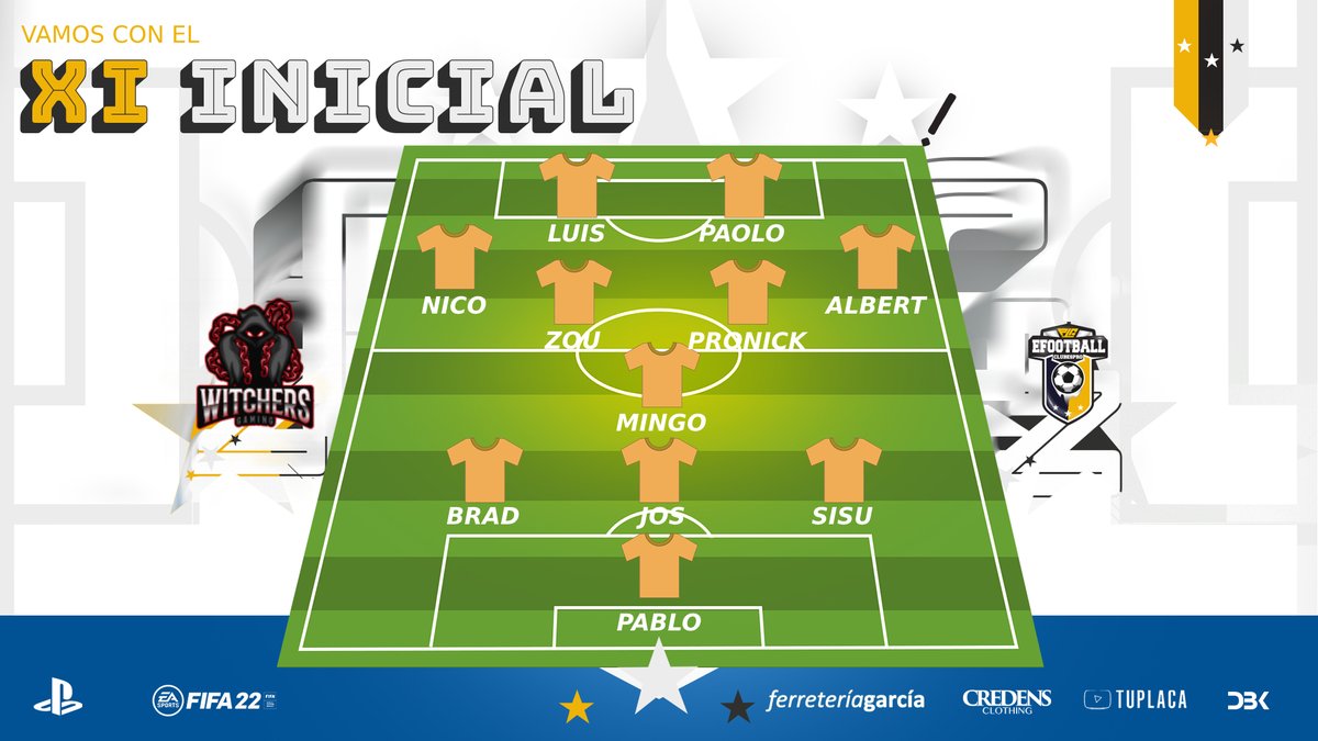 XI INICIAL @WITCHERSGAMING   PARTIDAZO PLGEFOOTBALL 📺 twitch.tv/plgefootball

🏆 #PS4 🕖22:30 HORAS 

Los chicos de Witchers se enfrentan a un rival directo, seguro que quieren continuar con el buen inicio de temporada y saldrán enchufados

🎮 #LaLigadeModa #Clubespro #FIFA22⚽