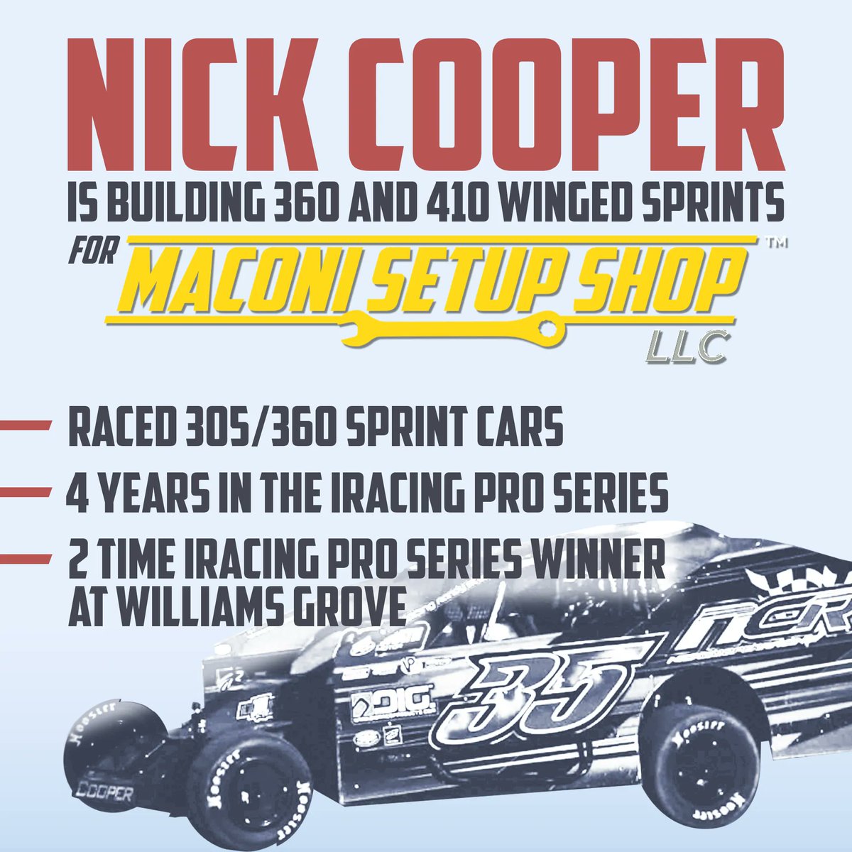 In case you missed our two announcements last week, we have three new setup builders! <a href="/theheavyj/">Jeremy Kores</a> and <a href="/danielhindre/">Daniel Hindre</a> will be taking over duties for the NASCAR trucks and Xfinity cars and Nick Cooper will be building setups for the 360 and 410 winged sprints. maconisetupshop.com