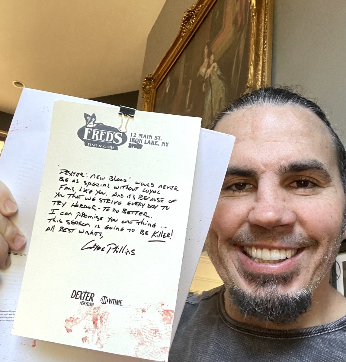 MATTHARDYBRAND's tweet photo. Thank you for this absolutely WONDERFUL gift, @SHO_Dexter! #DexterNewBlood E1 was fantastic, so it’s really cool to have the script. Everyone has killed it in the first 3 episodes, congrats. Thank you for providing me with such incredible entertainment over the years. https://t.co/vX6ltFxKZp