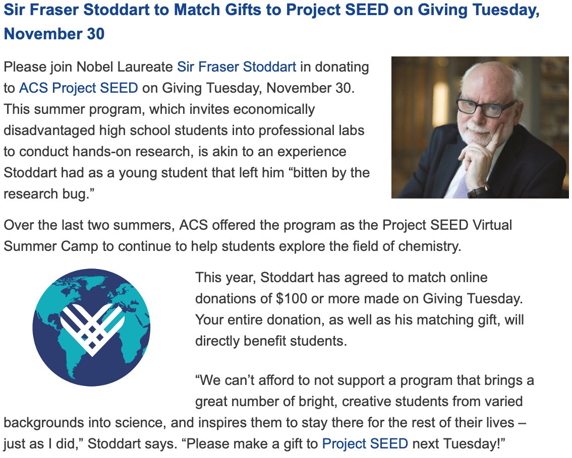 I have enjoyed working w/ACS Project Seed students and <a href="/sirfrasersays/">Fraser Stoddart</a> is matching donations! Consider donating next Tuesday if you can. <a href="/AmerChemSociety/">American Chemical Society</a>