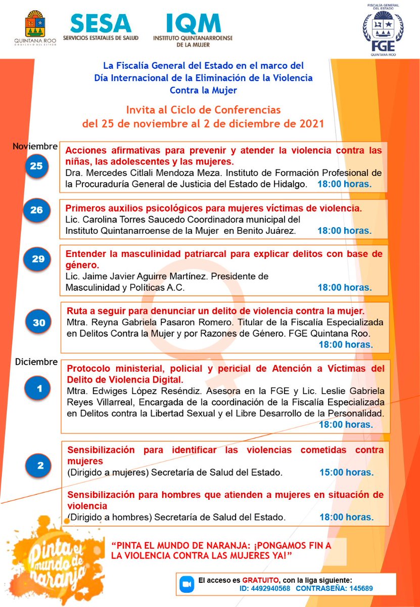 FGEQuintanaRoo's tweet photo. La #FGEQuintanaRoo en coordinación con @SESA_QROO @IQMujer, en el marco del Día Internacional de la Eliminación de la Violencia contra las #Mujeres, invita al público en general al ciclo de conferencias, del 25 de nov al 2 de dic a través de la plataforma Zoom. https://t.co/KVrQjRRdfu