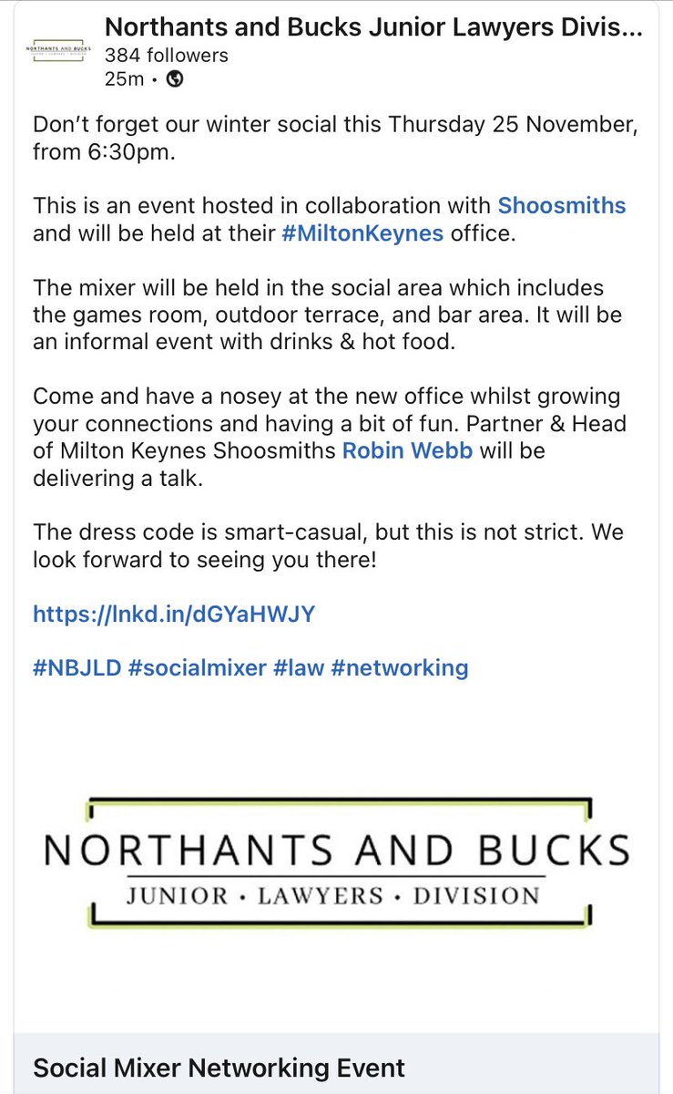 There’s still time to grab a ticket to our Winter Social this Thursday! In collaboration with <a href="/Shoosmiths/">Shoosmiths</a>, the social will be held at their #MiltonKeynes office and we look forward to seeing you there 🙌🏻 #law #networking #lawsocial #NBJLD