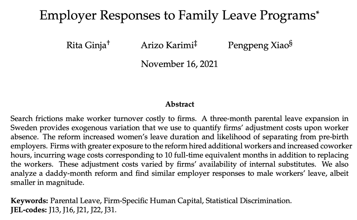 pengpeng_xiao's tweet photo. Just in:🔥Conditional accept!!!🔥
“Employer Responses to Family Leave Programs”
When women go on extended parental leave, how do employers adjust to the labor shortage? My paper w/ @arizo_karimi and @RitaGinja quantifies firms' adjustment costs from PL reforms in Sweden. 🧵[1/N] https://t.co/c2LmyE0Zdf