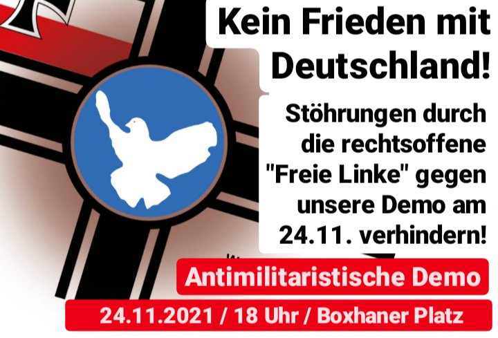 Achtung!

Die rechtsoffene #FreieLinke plant am Mi. #B2411 bei der @BrandstifterBRD-Demo gegen die #BerlinSecurityConference mitzulaufen.

Helft uns diese Störaktion zusammen zu unterbinden!

Kein Antimilitarismus mit Querfrontlern, #Coronaleugner:innen und Faschos! #nobsc