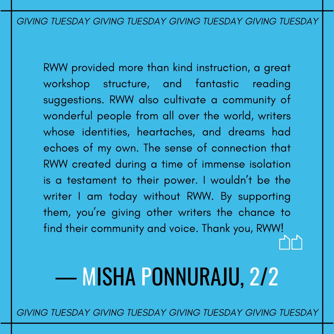 rootswoundsword's tweet photo. RWW alum Misha lets us know what she loves about our programming! 💜#GivingTuesday #SupportRootsWoundsWords

Donate here 👉🏾 https://t.co/vn80YNzMg5

#supportpoc #bipocwriters #writersofcolor #queerwriters #fubu #community https://t.co/Tx6LXYWB9m