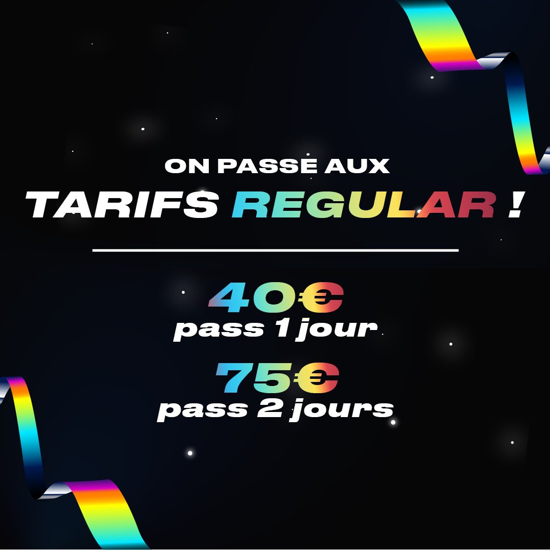 📢 Les tarifs "EARLY" sont sold out ! ❌

Vous avez épuisé la totalité de notre stock de tarifs "EARLY" 🤯⏱️
Vous êtes des ouuufs !

On passe donc dès maintenant aux tarifs "REGULAR" :
👉 PASS 1 Jour : 40 €
👉 PASS 2 Jours : 75 €