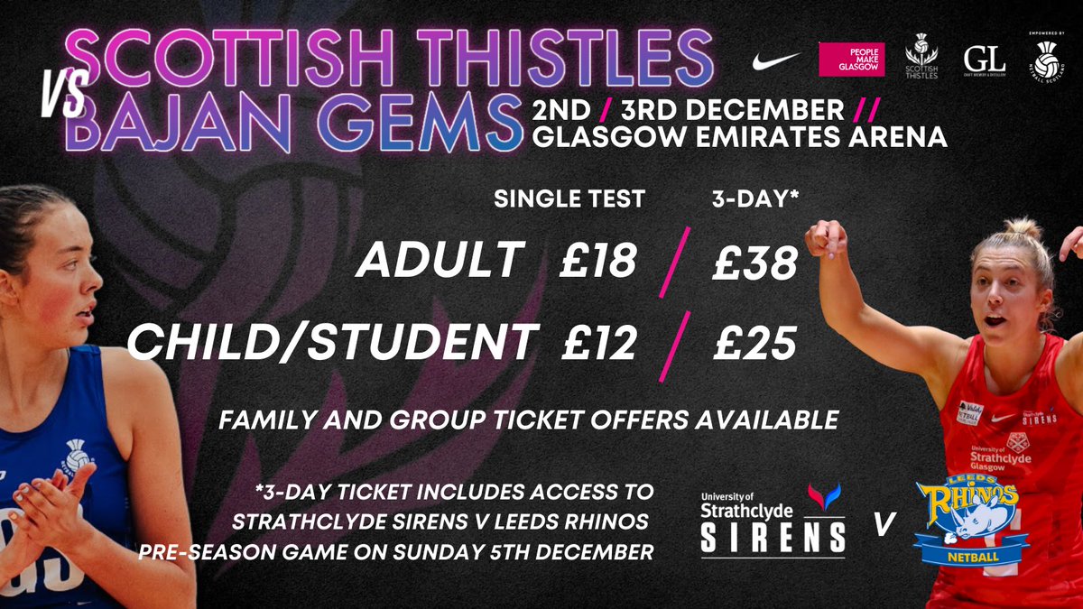 NetballScotland's tweet image. ⚡️Student tickets just £12⚡️

Grab your uni squad and join us to support your national team @ScotThistles and @SirensNetball this December!

*NS members use code NS10 for 10% off

#netball 
#thistlearmy
#BUCS