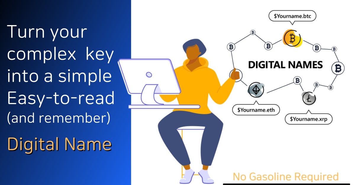 Digital_Names's tweet photo. #DigitalNames makes things easier. Just like .com's did for long IP addresses. 
Link all your #NFT and #cryptocurrencies under one name - unique to you. 
Without gasoline fees! https://t.co/rL8NFHo7gZ https://t.co/ADqsfyUdml