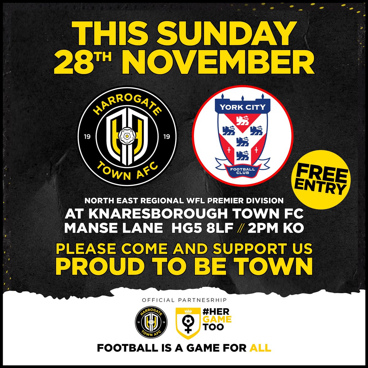 Download your free ticket for this weekend’s North Yorkshire derby V <a href="/YorkCityLFC/">York City Ladies FC</a> and the launch of our <a href="/HerGameToo/">Her Game Too</a> partnership! 

🔗flowte.me/storefront/har…

📍<a href="/KnaresboroughFC/">Knaresborough Town AFC</a>, HG5 8LF
⏰2pm Kick off
👩‍👩‍👦‍👦 Pre-match entertainment by <a href="/htafccf/">HTAFC Community Foundation</a> from 12:30
🍻Clubhouse opens at 12:30