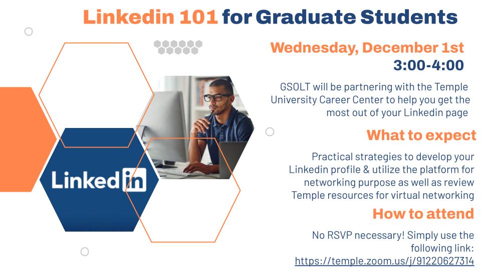 gsoltinfo's tweet photo. Let's improve those Linkedin pages! Join us on Dec. 1st at 3 pm. #linkedin #gradschool https://t.co/01nxMG1ZVC
