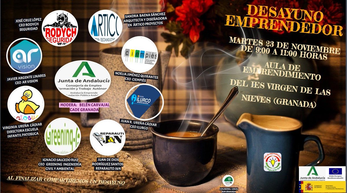 Desayuno emprendedor en <a href="/ies_nieves/">IES Virgen de las Nieves</a> con @Grupo_Rodych <a href="/IlurcoTanks/">Ilurco Depósitos Metálicos</a> 
<a href="/Arvision_es/">AR Vision</a> <a href="/greening_e/">Aurelia Greening</a> <a href="/ArticoProyectos/">ArticoProyectos</a>, Esc. Inf. Patosuca, C.I. Estudios Medioamb. Ciempiés y Reparauto J&amp;N.
Gracias a <a href="/BelenCsr/">Be</a> por presentar y moderar el encuentro.
<a href="/FPAndaluza/">Formación Profesional Andaluza</a> 
<a href="/FP_Andalucia/">FP_Andalucía</a> 
<a href="/aemprende/">Andalucía Emprende</a> 
#