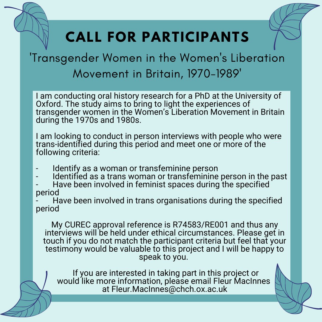 Hello! I'm working on a trans-centred history of the Women's Liberation Movement in Britain and I am looking for participants to take part in oral history interviews. #CallForParticipants #OralHistory #TransHistory