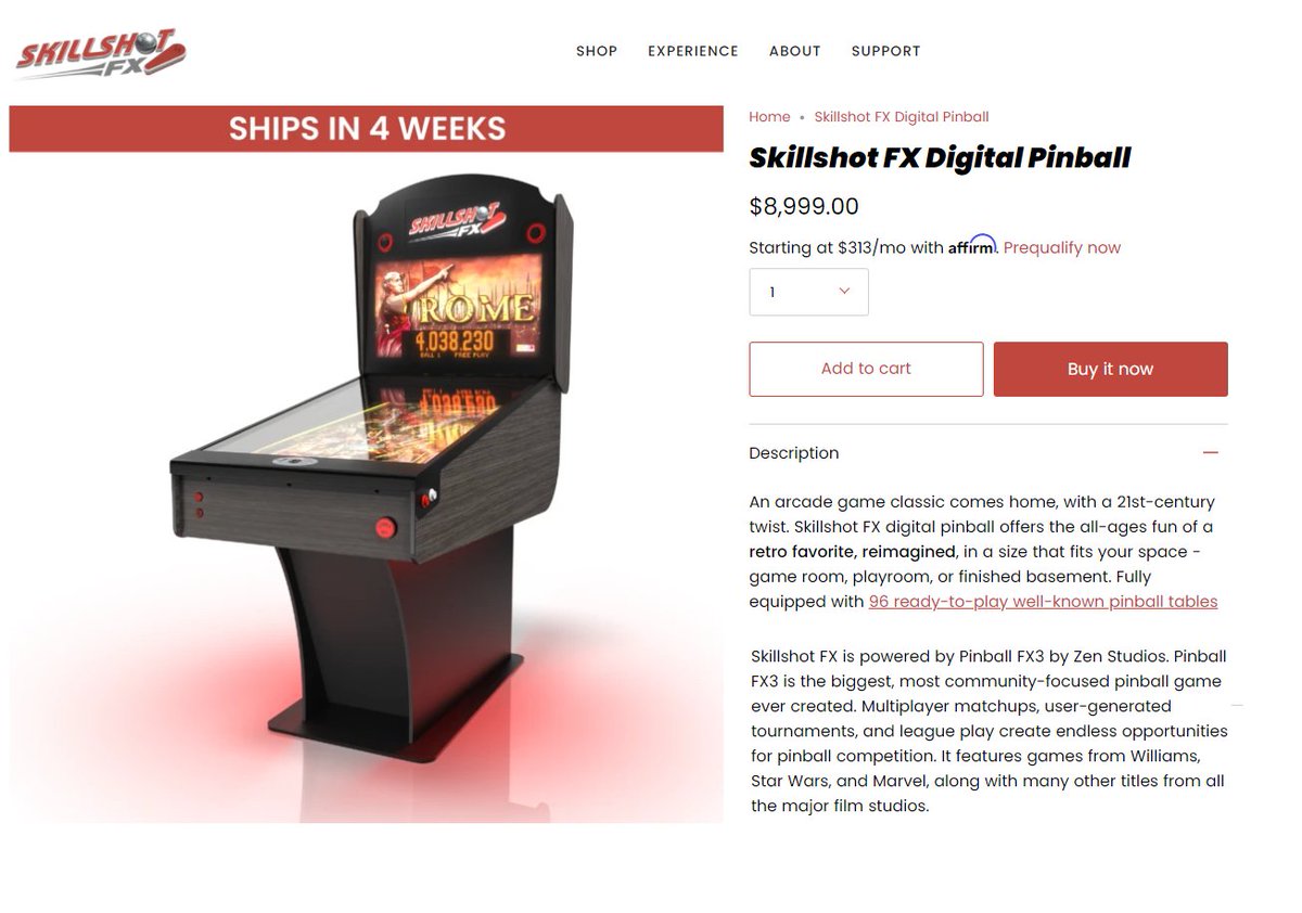 Skillshot FX Digital Pinball Table available from the <a href="/realskeeball/">Official Skee-Ball®</a> company, <a href="/bay_tek_games/">Bay Tek Entertainment</a> 
96 Pinball FX tables by <a href="/zen_studios/">Zen Studios</a>. 55" playfield, 32" Backglass, haptic feedback, undercab/speaker LEDs, 6 mo warranty, wi-fi, multiplayer, tournaments &amp; more!
skillshotfx.com