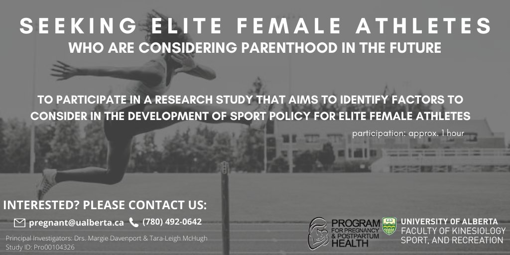 Are you an elite-level athlete considering pregnancy?  We'd love your help with our study!  

Consider participating in our one hour zoom interview from anywhere in the🌎!  

For more info: 
redcap.ualberta.ca/surveys/?s=LX7…

Or pregnant@ualberta.ca

#Olympics #Paralympics 🤰🤱🏃‍♀️🚴‍♀️🙏